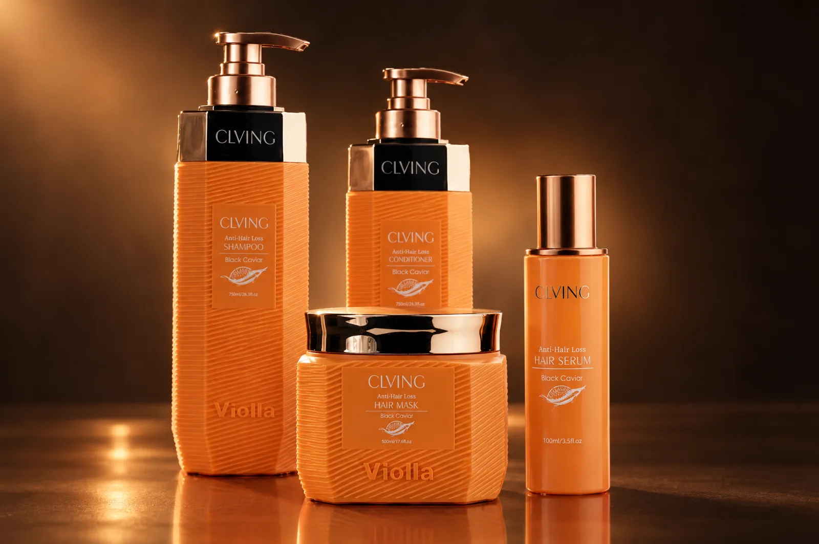 CLVING Black Caviar collection — shampoo, conditioner, mask and serum